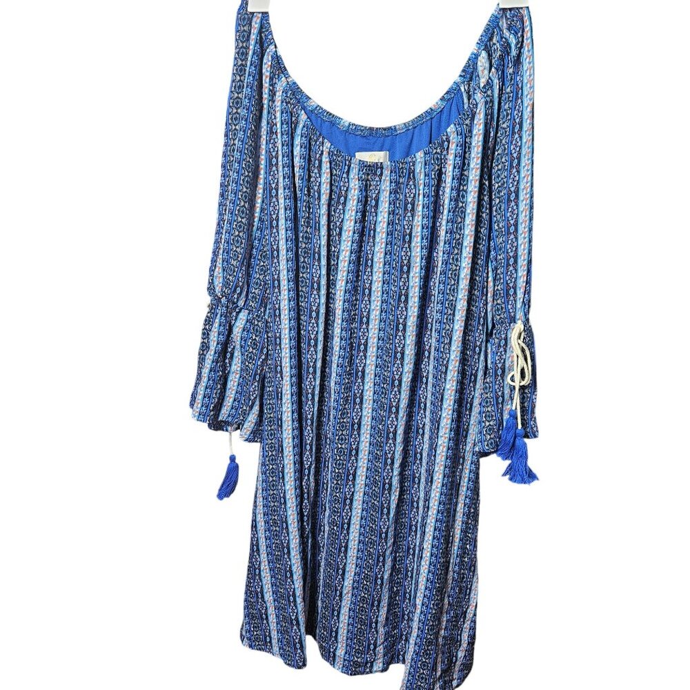 Bohemian Inspired Off-Shoulder Dress With Tassel Accents Size 2X Blue & White Pa